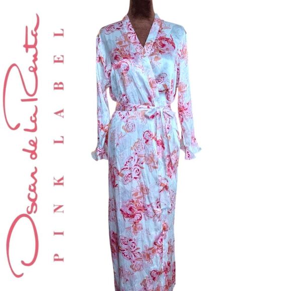 Oscar de la Renta Watercolor Rose Satin Bodoir Lingerie Robe M - Picture 1 of 11
